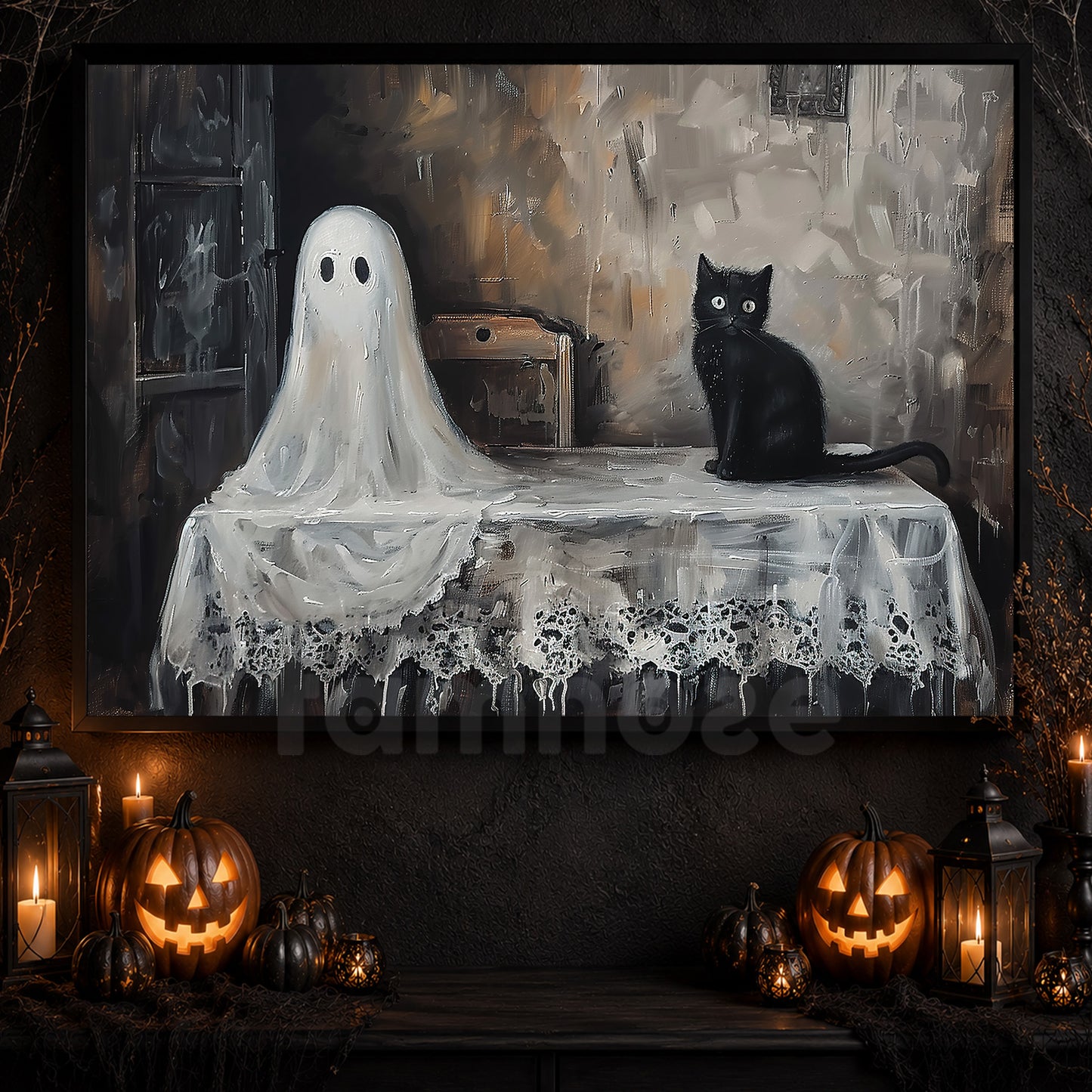 Ghostly Gaze And Feline Grace, Ghost Canvas Painting, Spooky Season Wall Art Decor, Halloween Poster Gift For Ghost Lovers