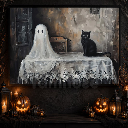 Ghostly Gaze And Feline Grace, Ghost Canvas Painting, Spooky Season Wall Art Decor, Halloween Poster Gift For Ghost Lovers