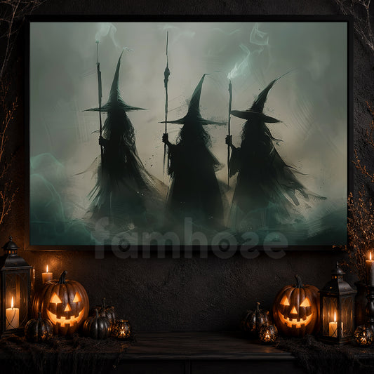 Witches' Conclave, Witch Canvas Painting, Spooky Season Wall Art Decor, Halloween Poster Gift For Witch Lovers