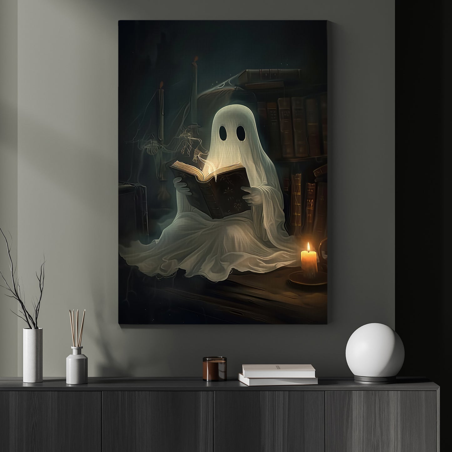 Ghostly Scholar, Ghost Canvas Painting, Spooky Season Wall Art Decor, Halloween Poster Gift For Ghost And Book Lovers