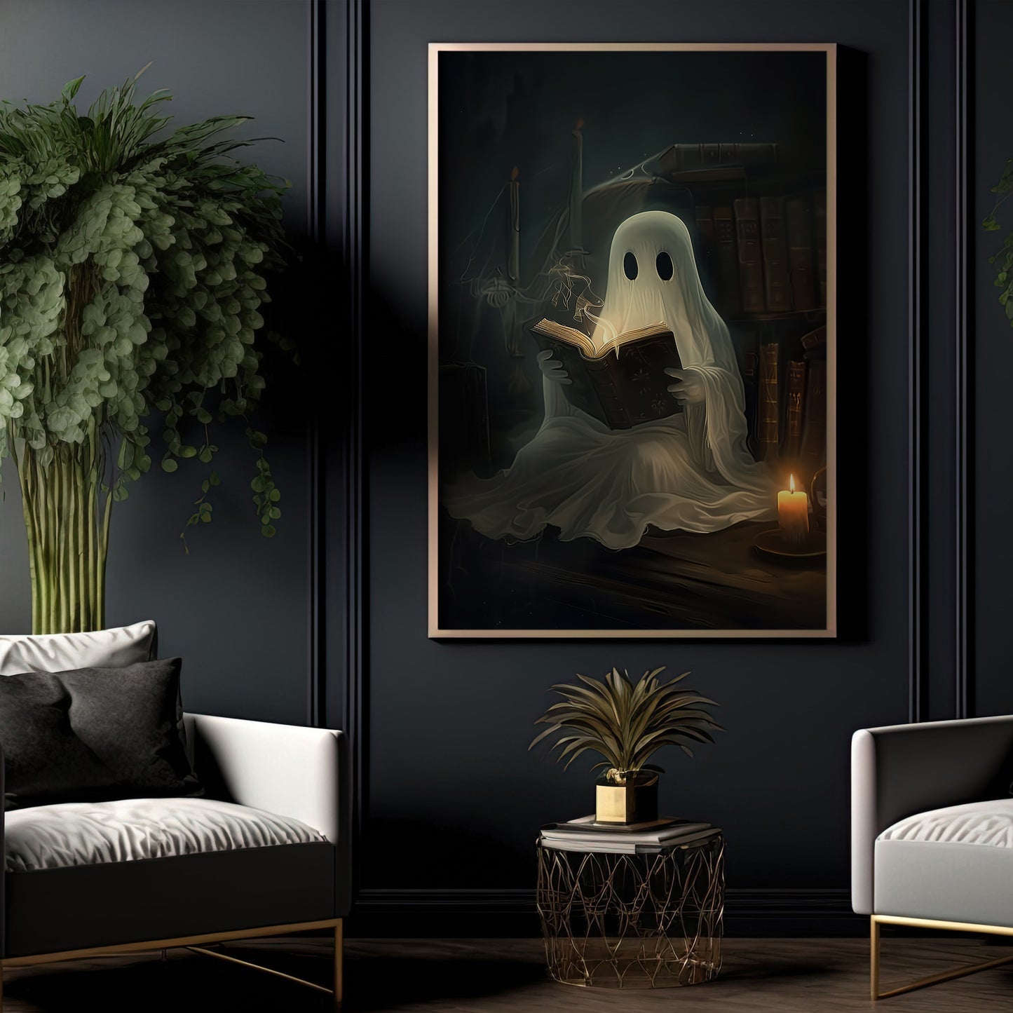 Ghostly Scholar, Ghost Canvas Painting, Spooky Season Wall Art Decor, Halloween Poster Gift For Ghost And Book Lovers