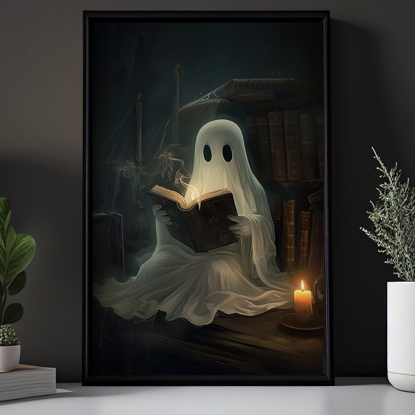 Ghostly Scholar, Ghost Canvas Painting, Spooky Season Wall Art Decor, Halloween Poster Gift For Ghost And Book Lovers