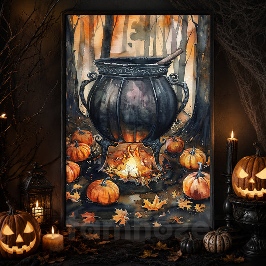 Halloween Witch Cauldron Canvas Painting, Brewing Autumn Magic Wall Art Decor, Spooky Season Poster Gift For Witch Lover