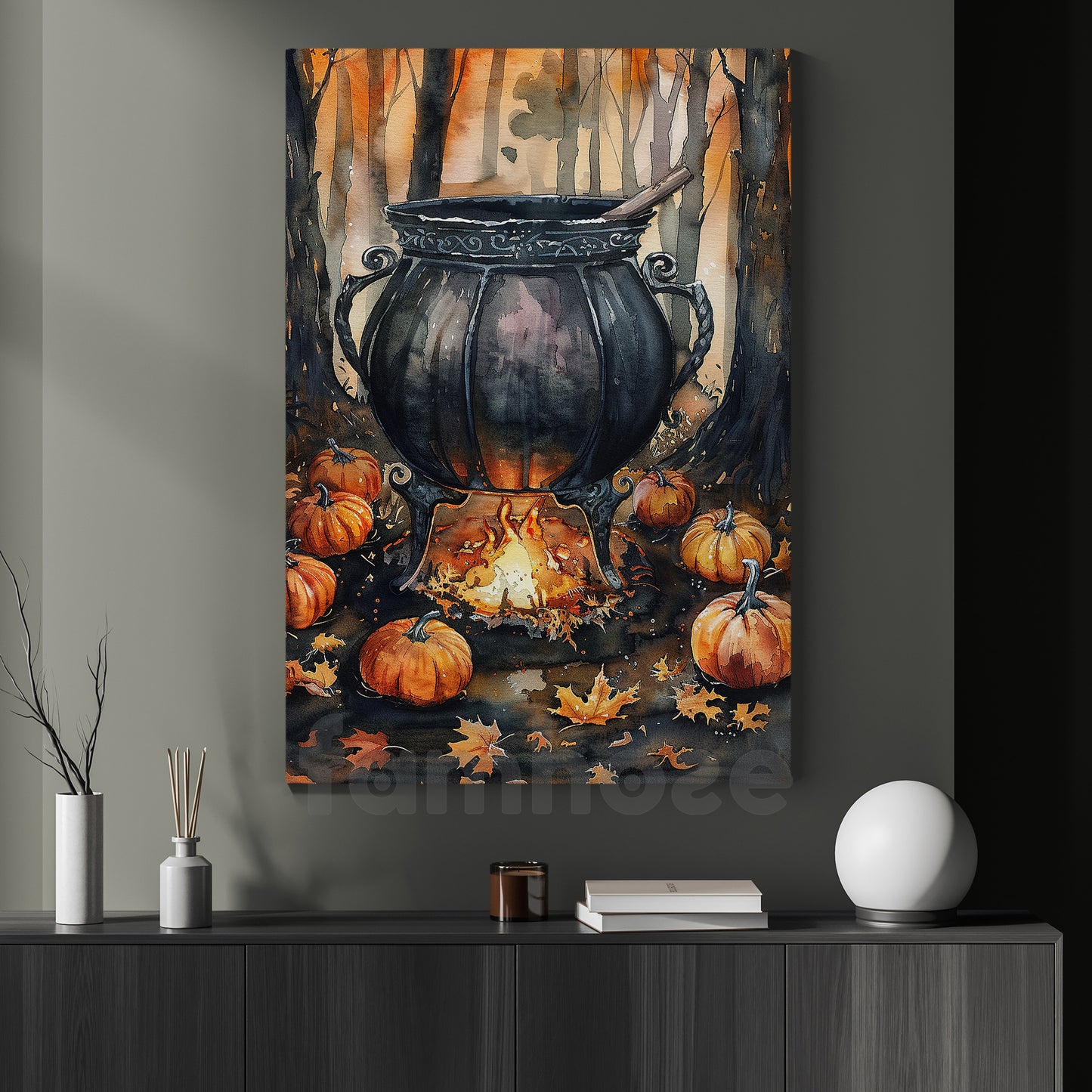 Halloween Witch Cauldron Canvas Painting, Brewing Autumn Magic Wall Art Decor, Spooky Season Poster Gift For Witch Lover