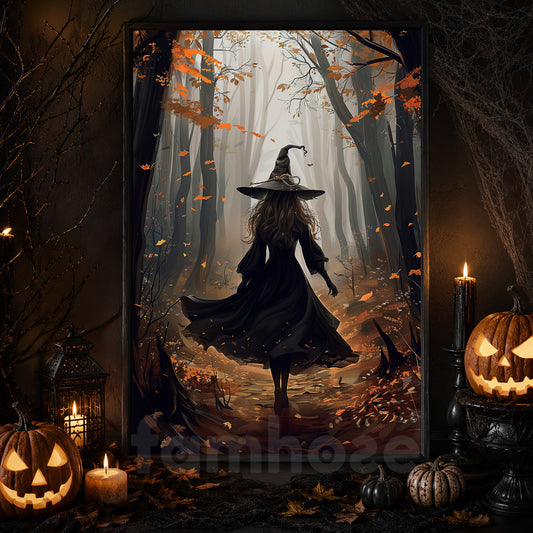 Autumnal Witch's Path, Witches Canvas Painting, Spooky Season Wall Art Decor, Halloween Poster Gift For Witch Lovers