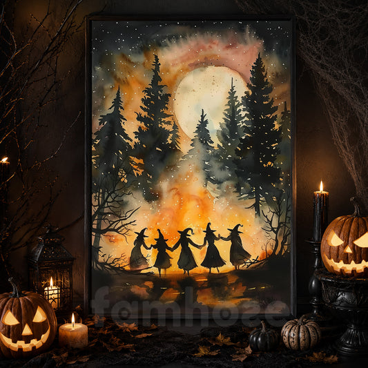 Witches' Dance In The Forest, Witch Canvas Painting, Spooky Season Wall Art Decor, Halloween Poster Gift For Witch Lovers