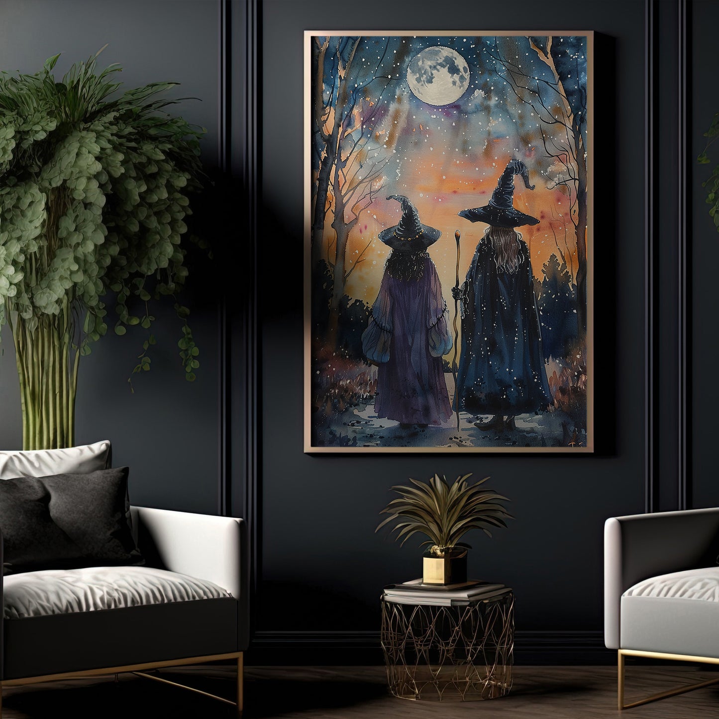 Sorcerers Beneath The Moon, Witches Canvas Painting, Spooky Season Wall Art Decor, Halloween Poster Gift For Witch Lovers