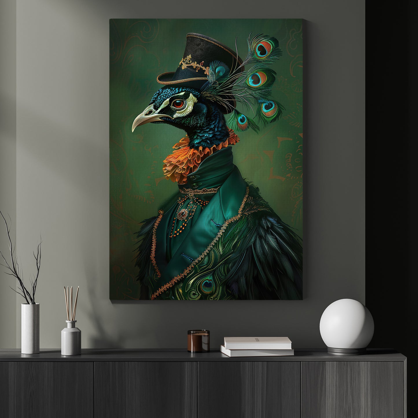 The Peacock's Regal Stance, Victorian Peacock Canvas Painting, Victorian Animal Wall Art Decor, Poster Gift For Peacock Lovers