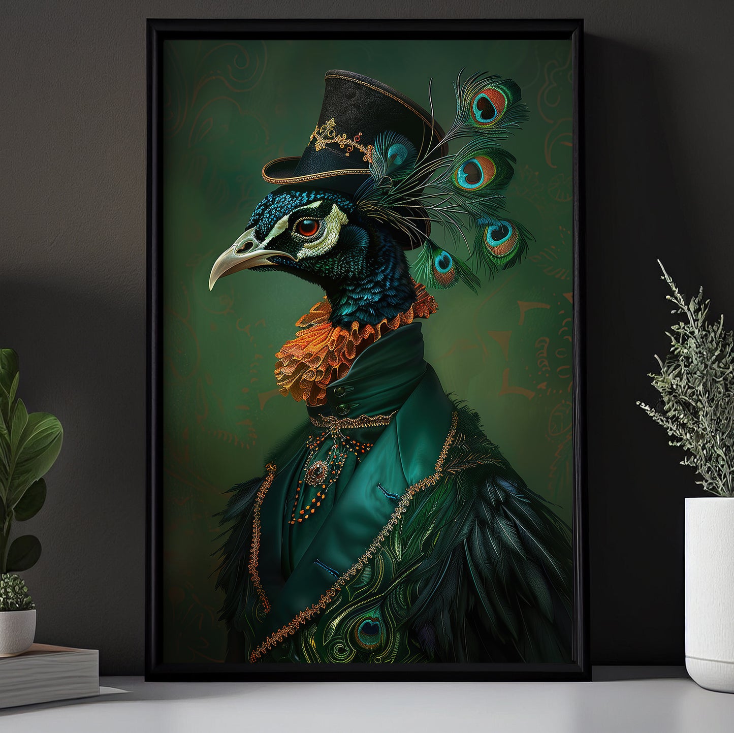 The Peacock's Regal Stance, Victorian Peacock Canvas Painting, Victorian Animal Wall Art Decor, Poster Gift For Peacock Lovers