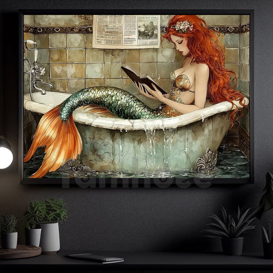 Vintage Mermaid Canvas Painting, Mermaid In The Tub Wall Art Decor, Poster Gift To Decor House Or Office
