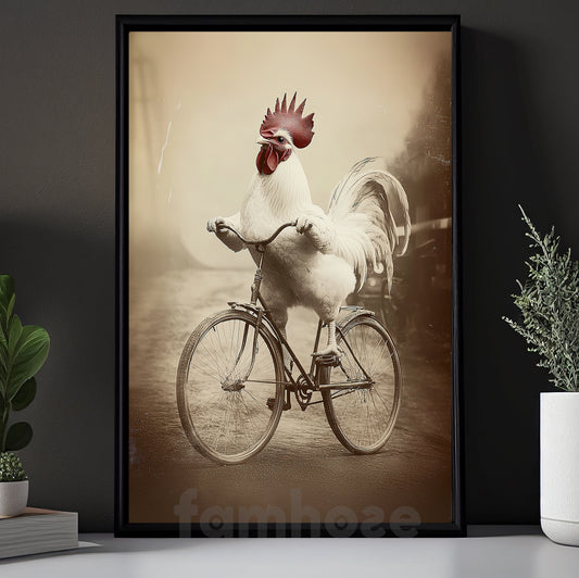 Funny Chicken Canvas Painting, Chicken Riding A Bicycle Vintage Wall Art Decor, Poster Gift For Chicken Lovers