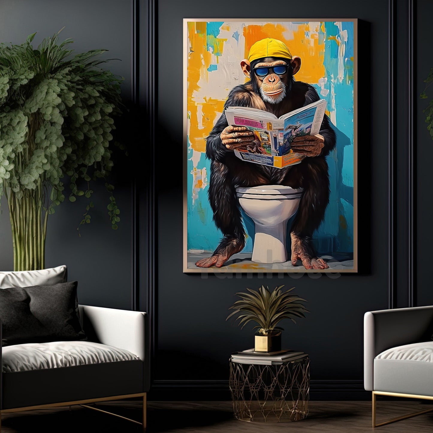 Colourful Toilet Monkey Canvas Painting, Hipster Monkey On Toilet Bathroom Wall Art Decor, Poster Gift For Toilet Lovers, Monkey Lovers