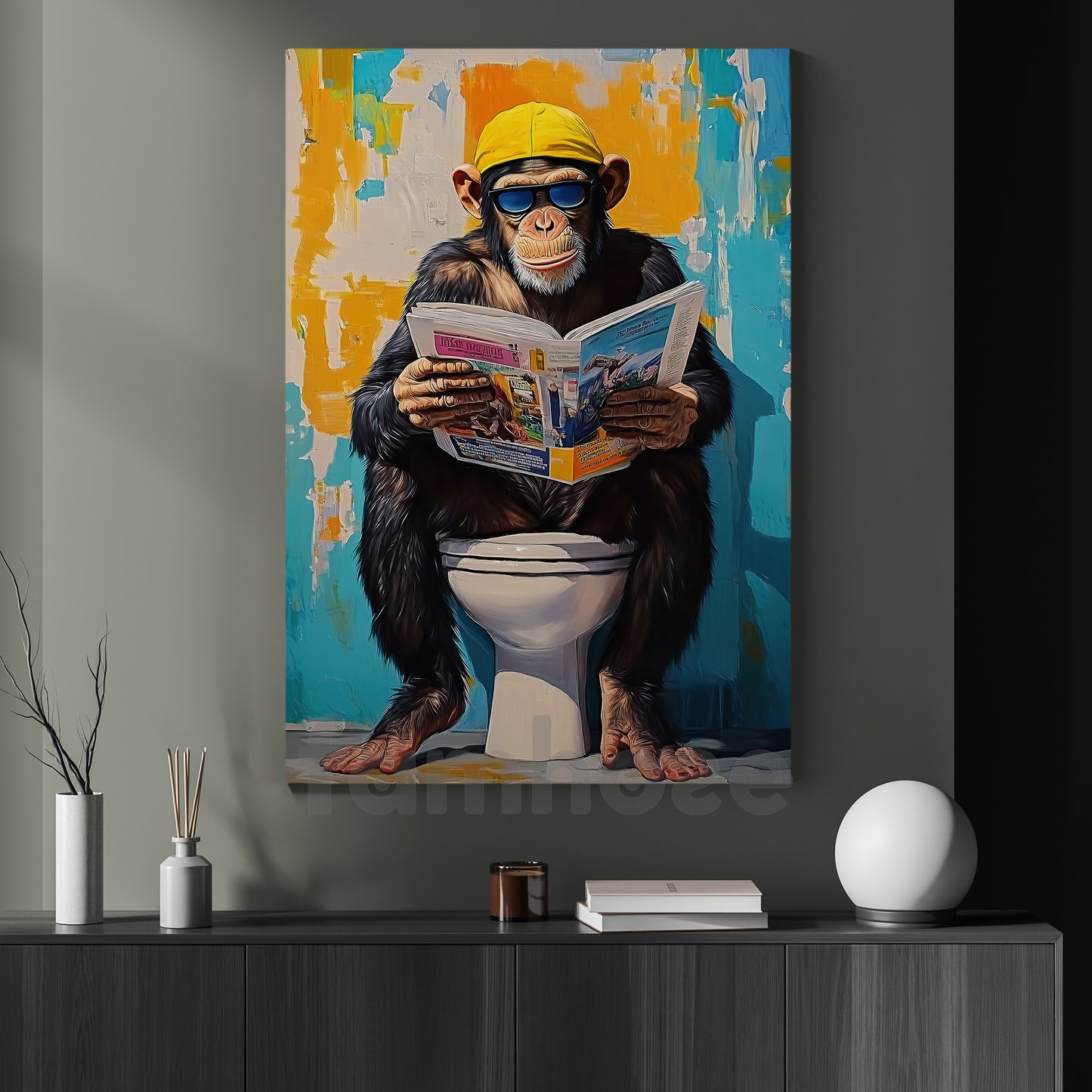 Colourful Toilet Monkey Canvas Painting, Hipster Monkey On Toilet Bathroom Wall Art Decor, Poster Gift For Toilet Lovers, Monkey Lovers