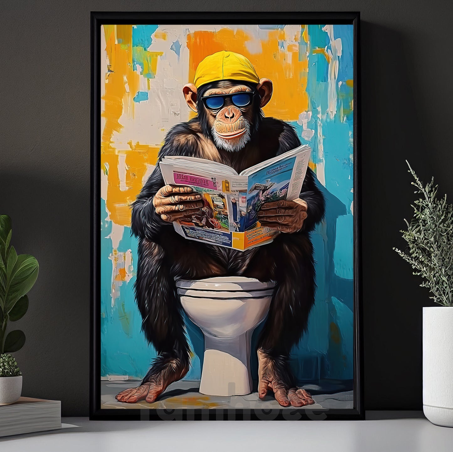 Colourful Toilet Monkey Canvas Painting, Hipster Monkey On Toilet Bathroom Wall Art Decor, Poster Gift For Toilet Lovers, Monkey Lovers