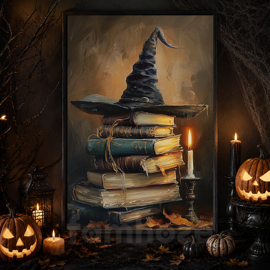 Witch Hat & Magic Books Canvas Painting, The Witch's Favorite Reading Corner Spooky Season Wall Art Decor, Halloween Poster Gift For Book Lover