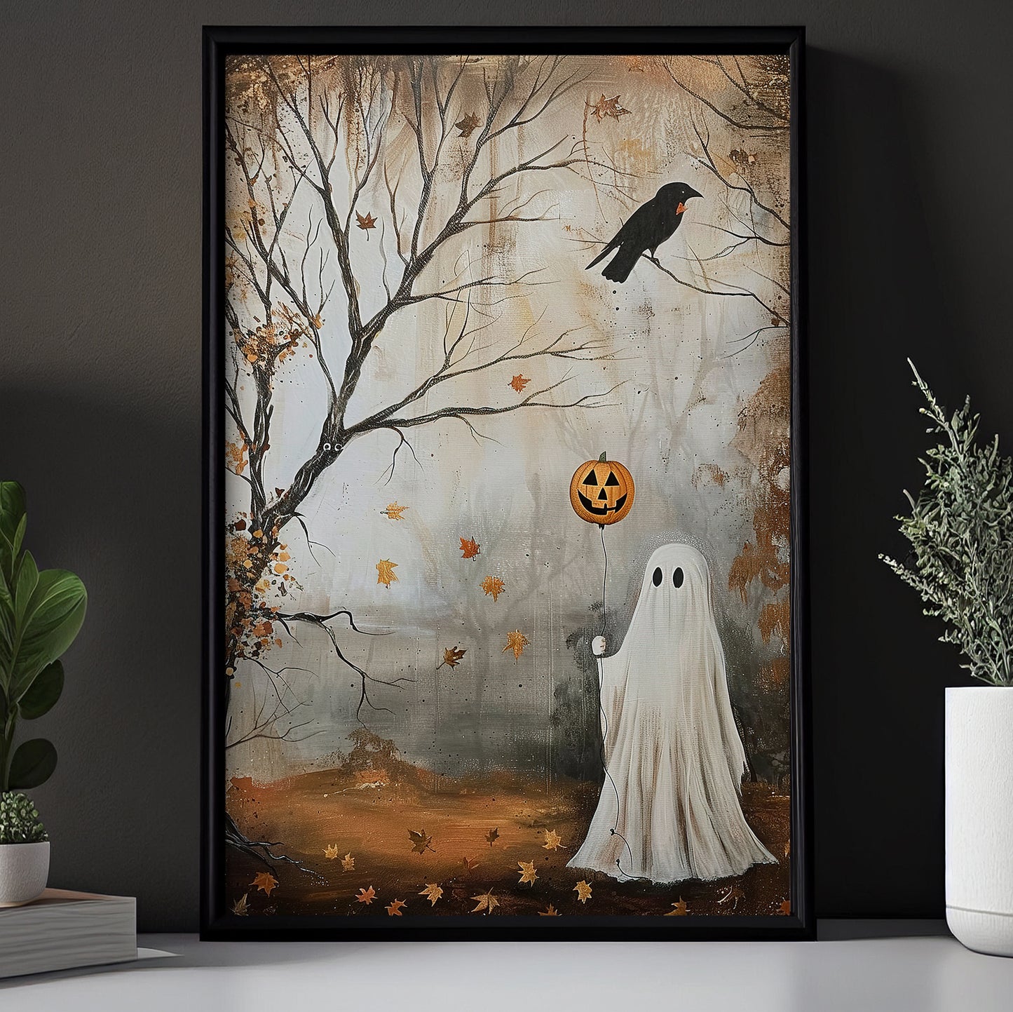 Whimsical Spirits of Fall, Ghost Canvas Painting, Spooky Season Wall Art Decor, Halloween Poster Gift For Ghost Lovers