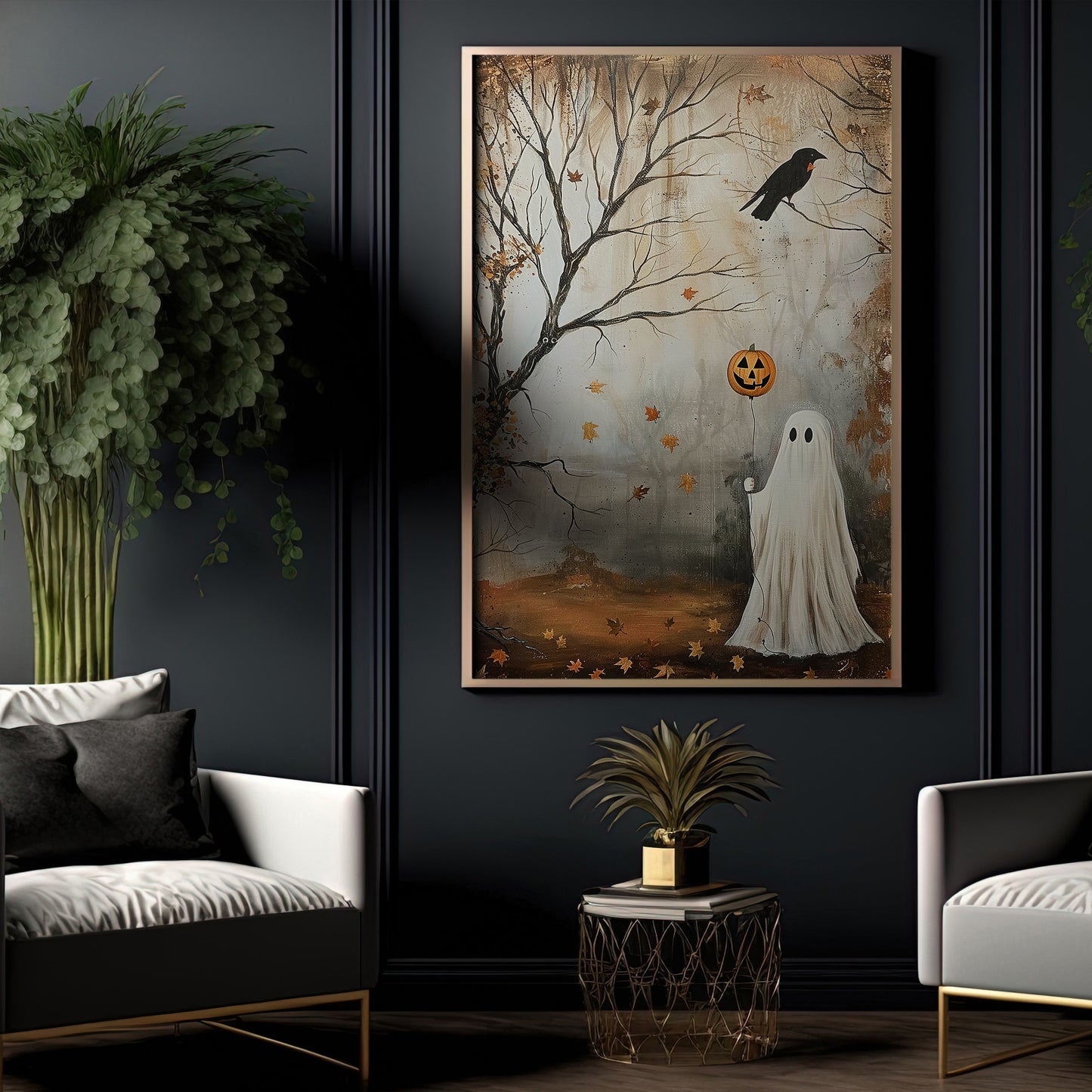 Whimsical Spirits of Fall, Ghost Canvas Painting, Spooky Season Wall Art Decor, Halloween Poster Gift For Ghost Lovers