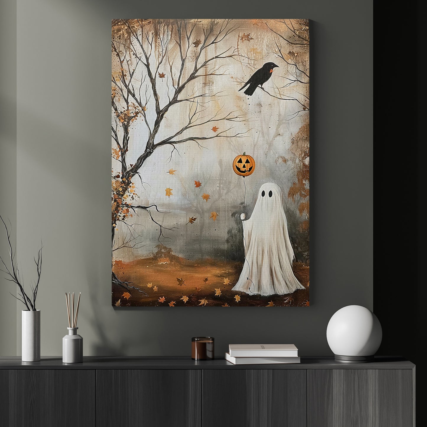 Whimsical Spirits of Fall, Ghost Canvas Painting, Spooky Season Wall Art Decor, Halloween Poster Gift For Ghost Lovers