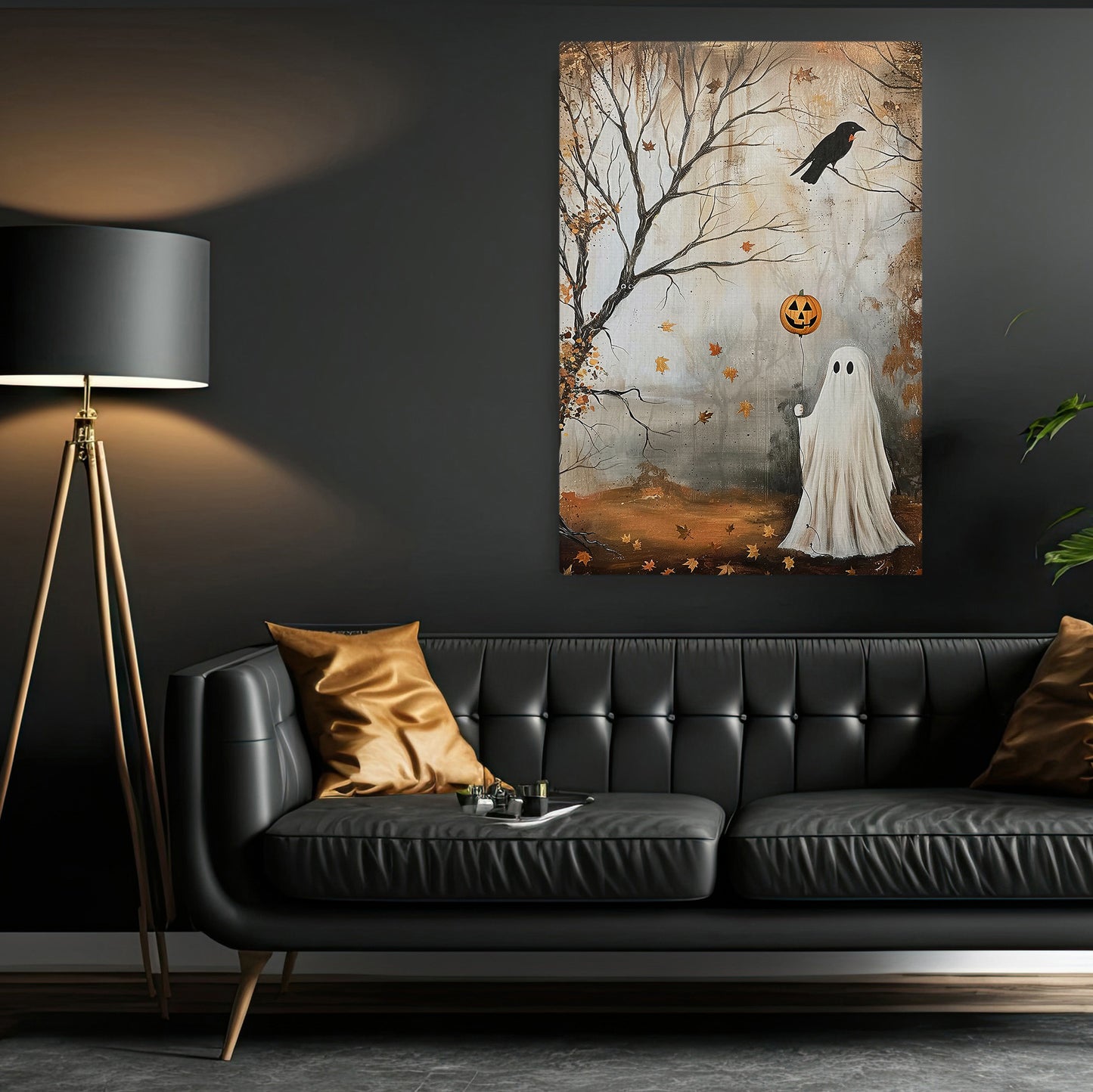 Whimsical Spirits of Fall, Ghost Canvas Painting, Spooky Season Wall Art Decor, Halloween Poster Gift For Ghost Lovers