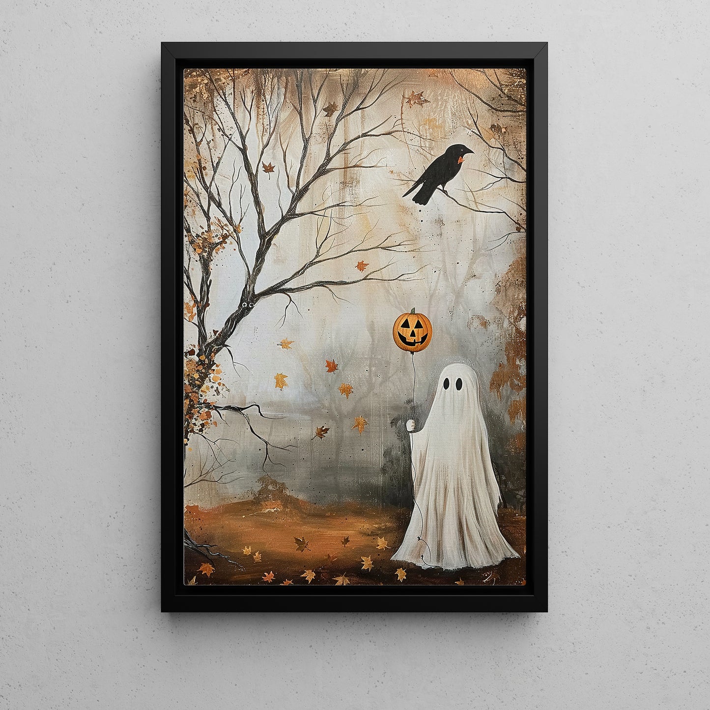 Whimsical Spirits of Fall, Ghost Canvas Painting, Spooky Season Wall Art Decor, Halloween Poster Gift For Ghost Lovers