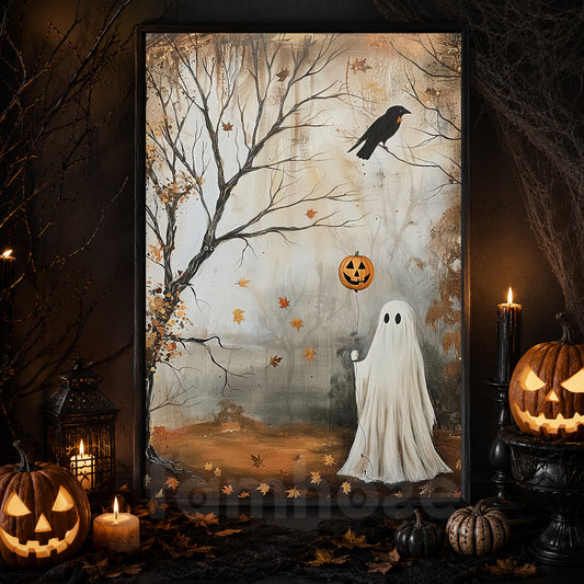 Whimsical Spirits of Fall, Ghost Canvas Painting, Spooky Season Wall Art Decor, Halloween Poster Gift For Ghost Lovers
