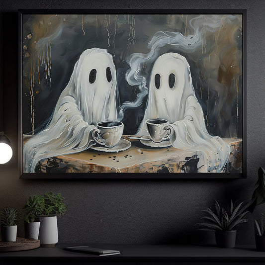 Spirits At The Coffee Table, Ghost Canvas Painting, Spooky Season Wall Art Decor, Halloween Poster Gift For Ghost Lovers