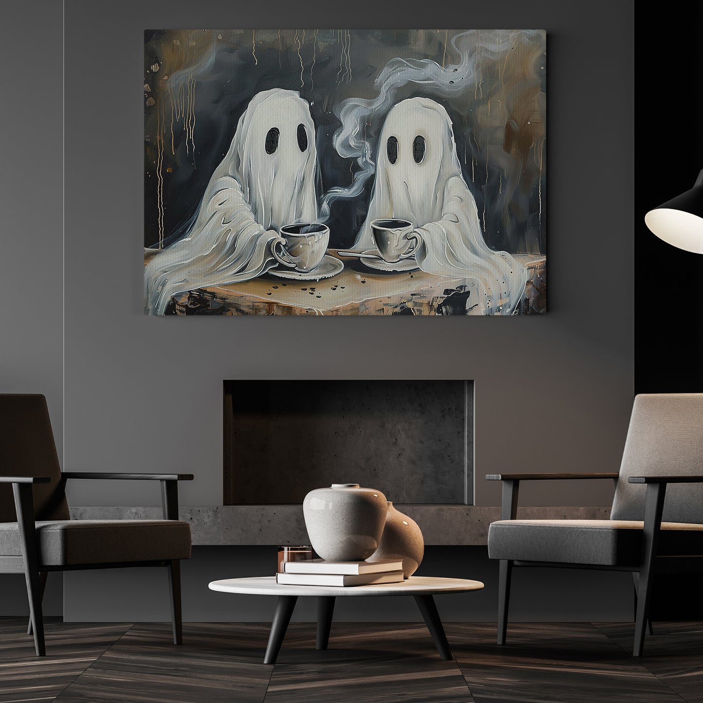 Spirits At The Coffee Table, Ghost Canvas Painting, Spooky Season Wall Art Decor, Halloween Poster Gift For Ghost Lovers