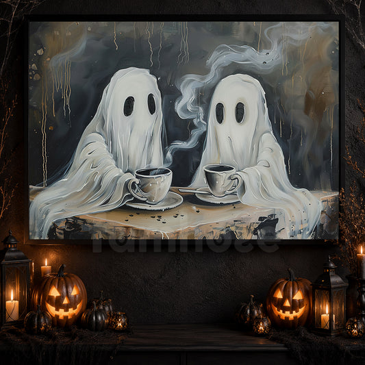 Spirits At The Coffee Table, Ghost Canvas Painting, Spooky Season Wall Art Decor, Halloween Poster Gift For Ghost Lovers