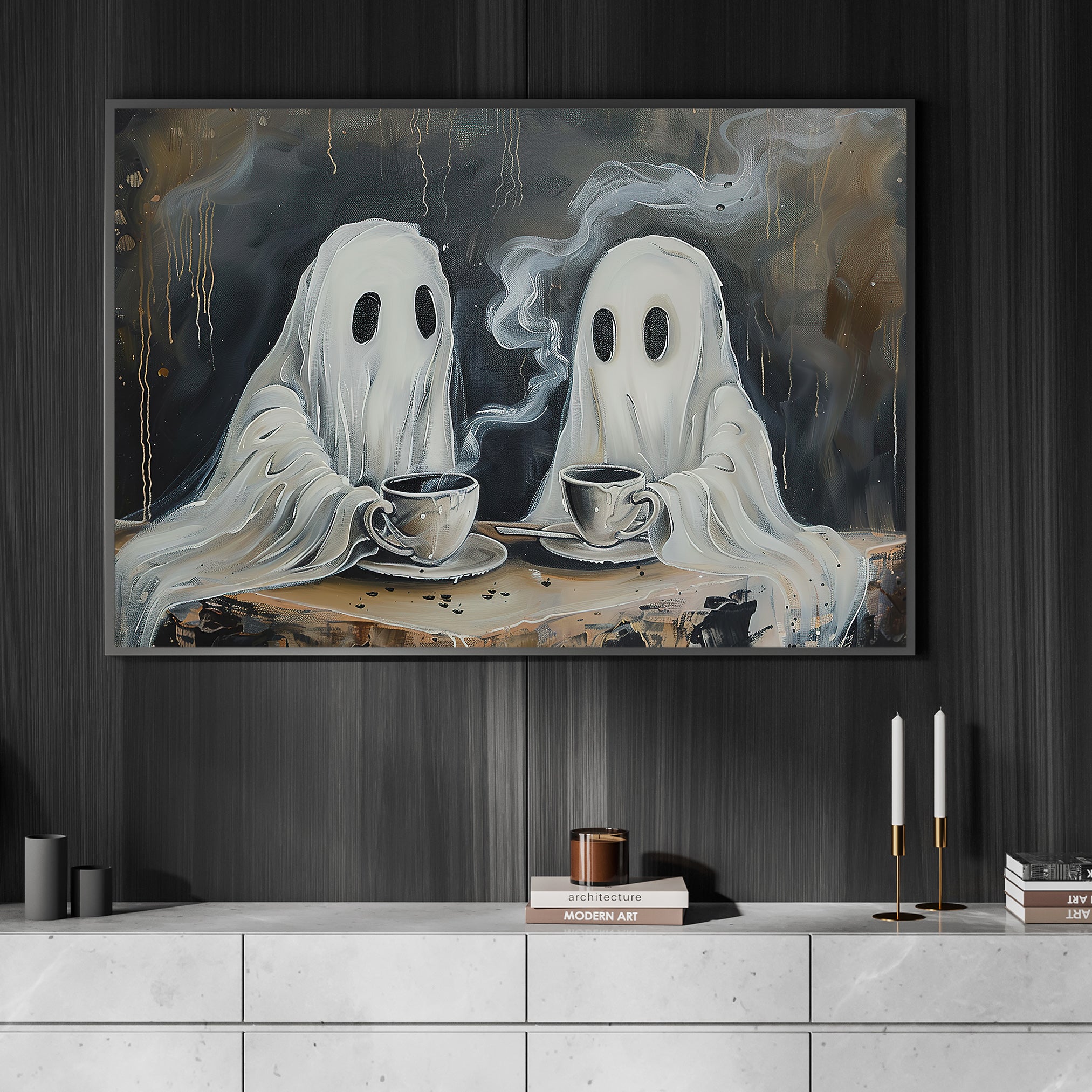 Spirits At The Coffee Table, Ghost Canvas Painting, Spooky Season