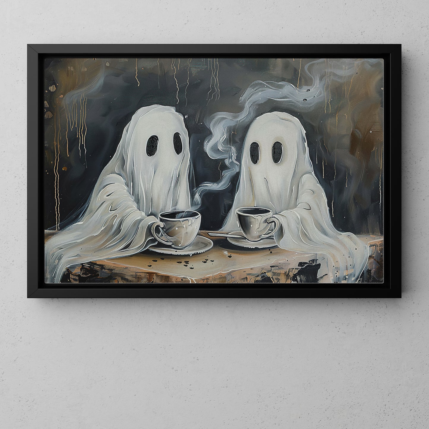 Spirits At The Coffee Table, Ghost Canvas Painting, Spooky Season Wall Art Decor, Halloween Poster Gift For Ghost Lovers