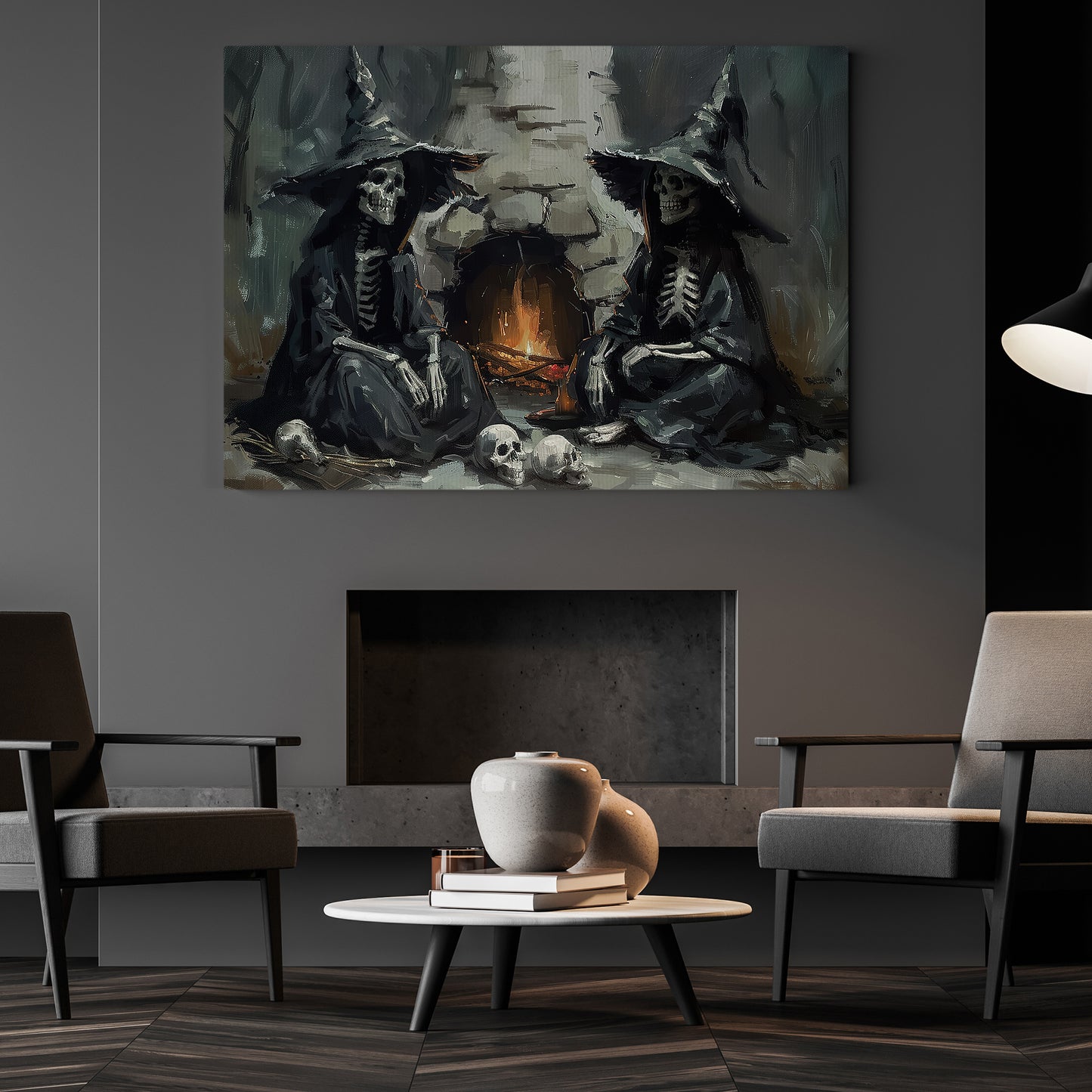 A Fireside Reunion, Witch Canvas Painting, Spooky Season Wall Art Decor, Halloween Poster Gift For Witch Lovers