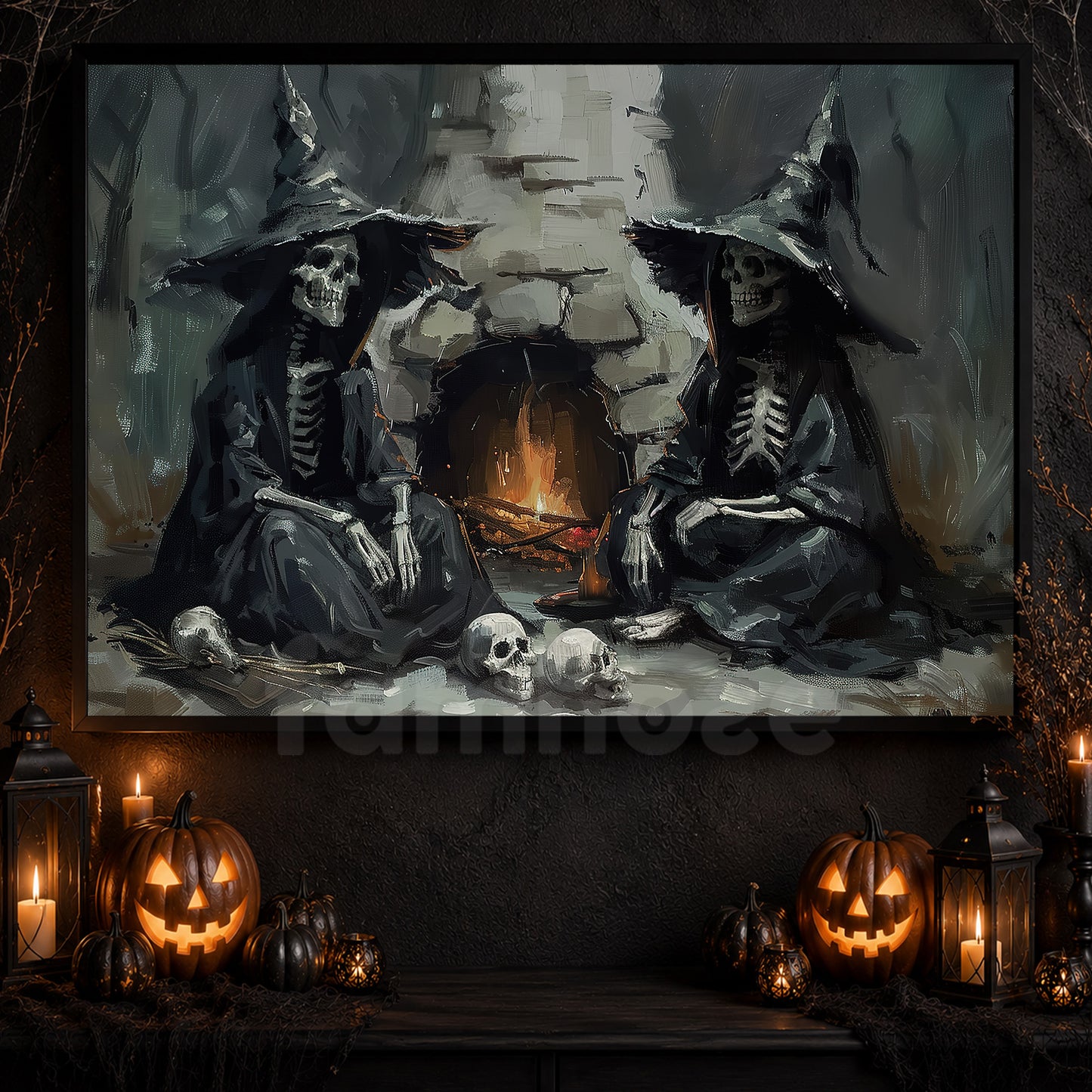 A Fireside Reunion, Witch Canvas Painting, Spooky Season Wall Art Decor, Halloween Poster Gift For Witch Lovers