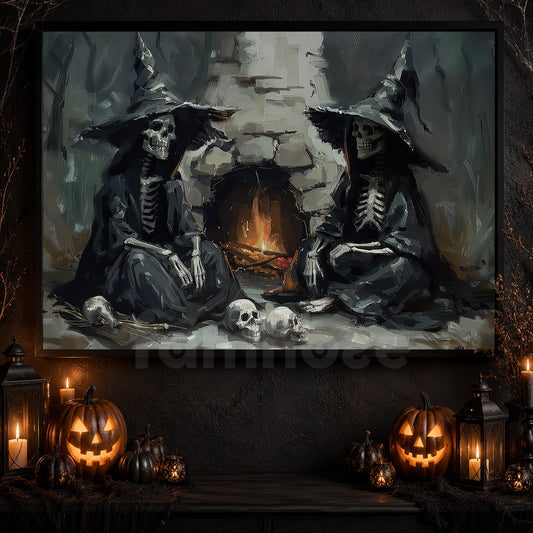 A Fireside Reunion, Witch Canvas Painting, Spooky Season Wall Art Decor, Halloween Poster Gift For Witch Lovers