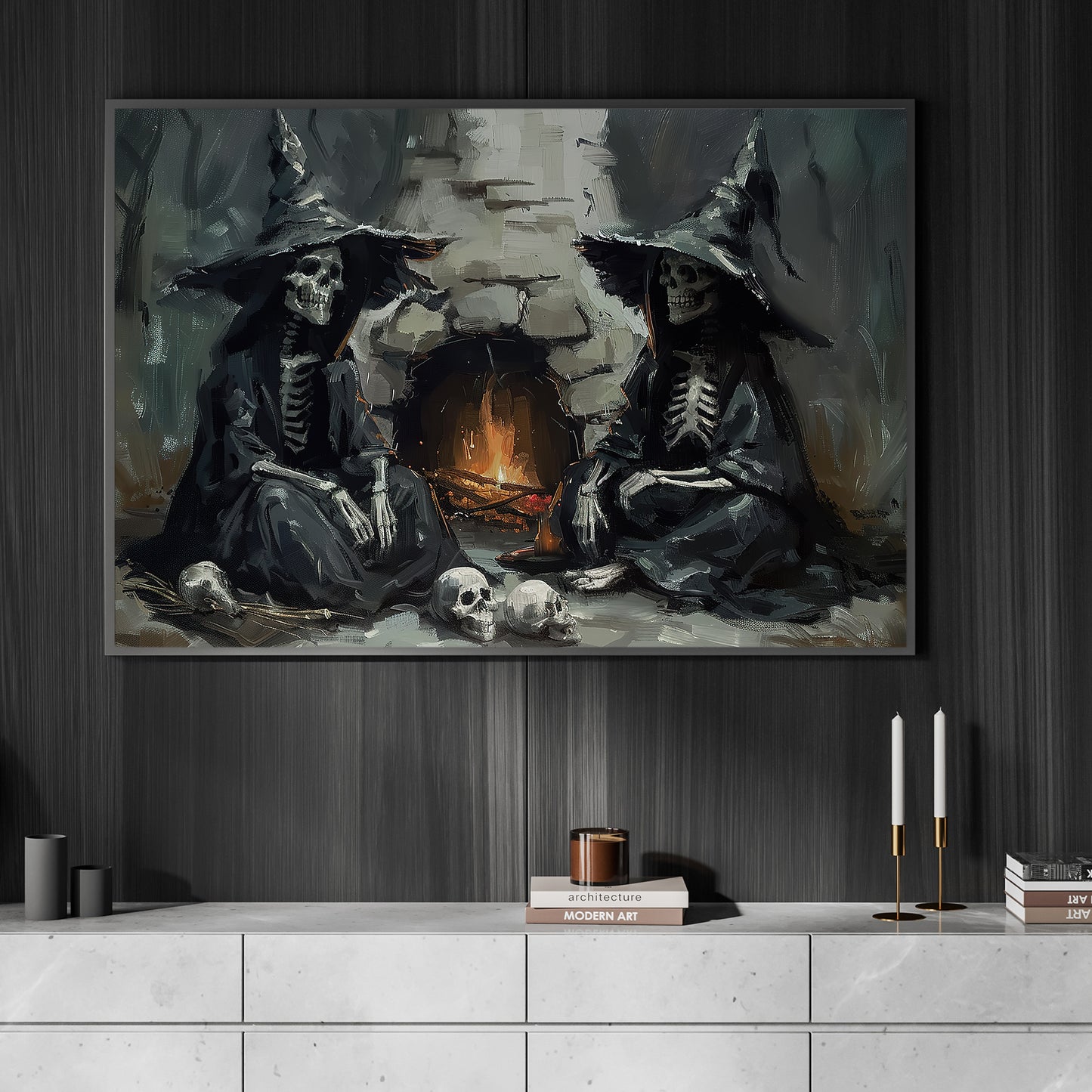 A Fireside Reunion, Witch Canvas Painting, Spooky Season Wall Art Decor, Halloween Poster Gift For Witch Lovers