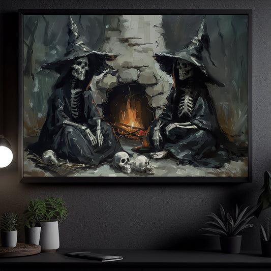 A Fireside Reunion, Witch Canvas Painting, Spooky Season Wall Art Decor, Halloween Poster Gift For Witch Lovers