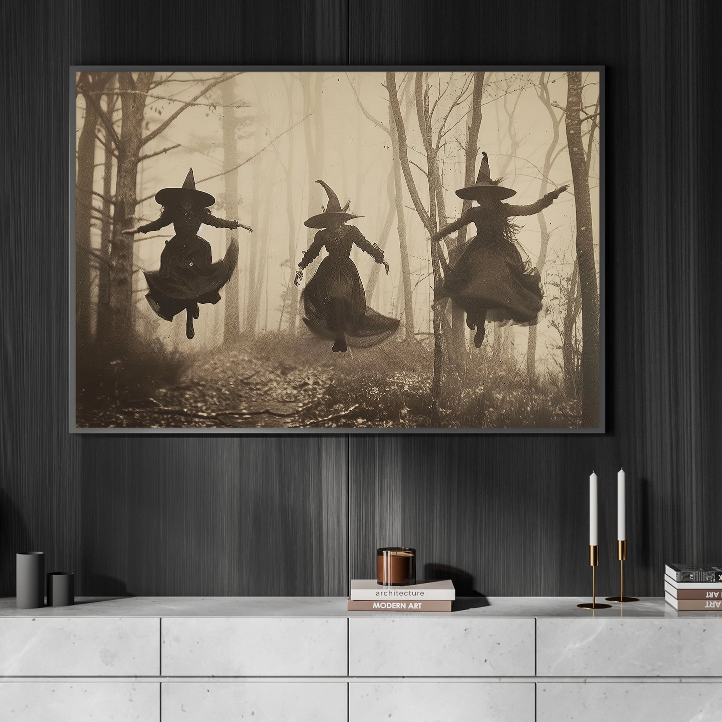 Witches In Flight, Witch Canvas Painting, Spooky Season Wall Art Decor, Halloween Poster Gift For Witch Lovers