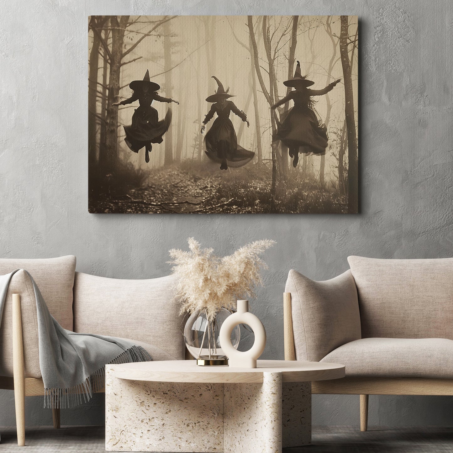 Witches In Flight, Witch Canvas Painting, Spooky Season Wall Art Decor, Halloween Poster Gift For Witch Lovers