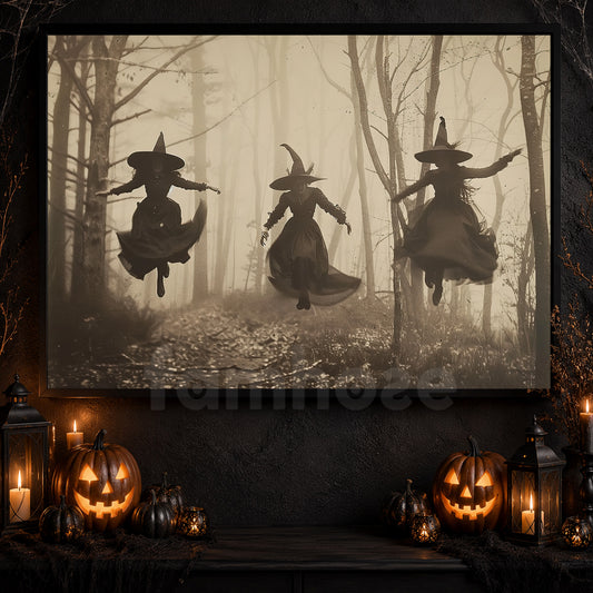 Witches In Flight, Witch Canvas Painting, Spooky Season Wall Art Decor, Halloween Poster Gift For Witch Lovers