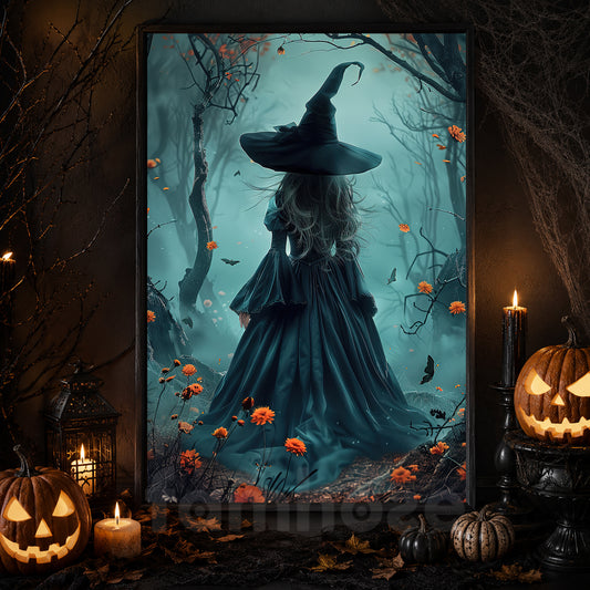 Halloween Witch Canvas Painting, Into The Whispering Woods Spooky Season Wall Art Decor, Halloween Poster Gift For Witch Lover