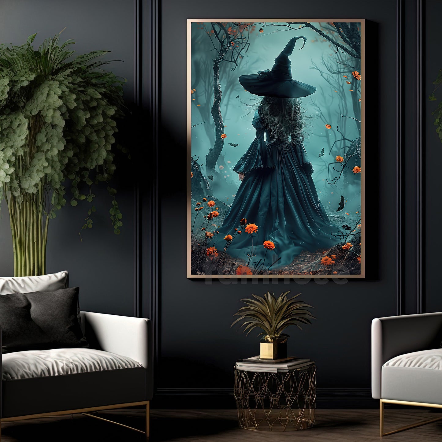 Halloween Witch Canvas Painting, Into The Whispering Woods Spooky Season Wall Art Decor, Halloween Poster Gift For Witch Lover
