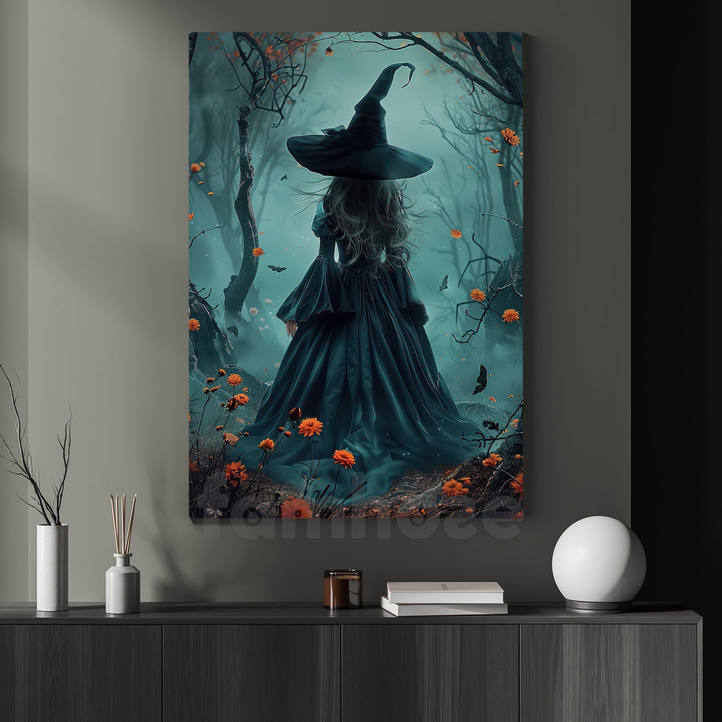 Halloween Witch Canvas Painting, Into The Whispering Woods Spooky Season Wall Art Decor, Halloween Poster Gift For Witch Lover