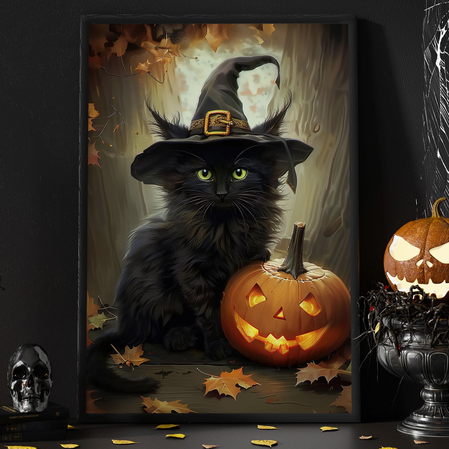 Black Cat Mystique Halloween Canvas Painting, Spooky Season Wall Art Decor, Halloween Poster Gift For Cat Lovers