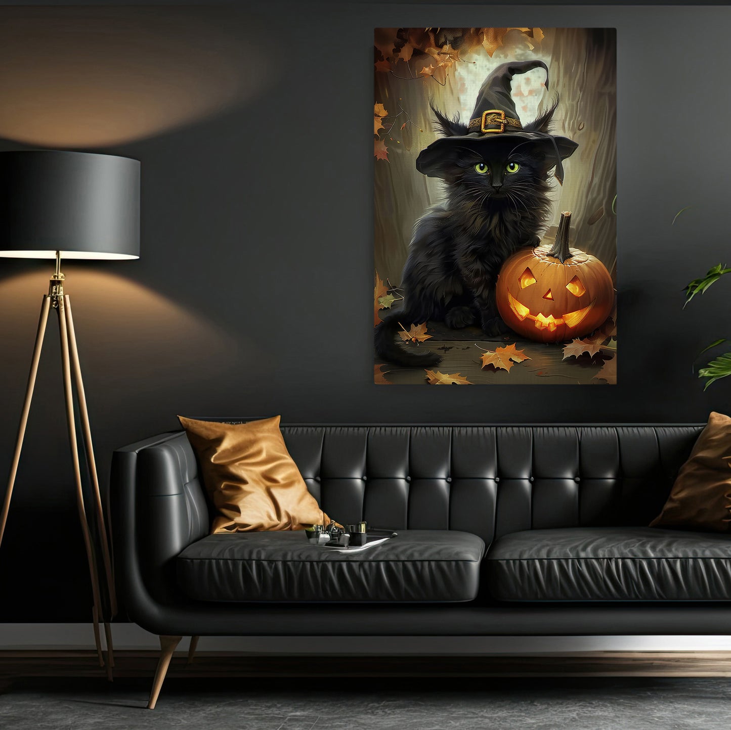 Black Cat Mystique Halloween Canvas Painting, Spooky Season Wall Art Decor, Halloween Poster Gift For Cat Lovers