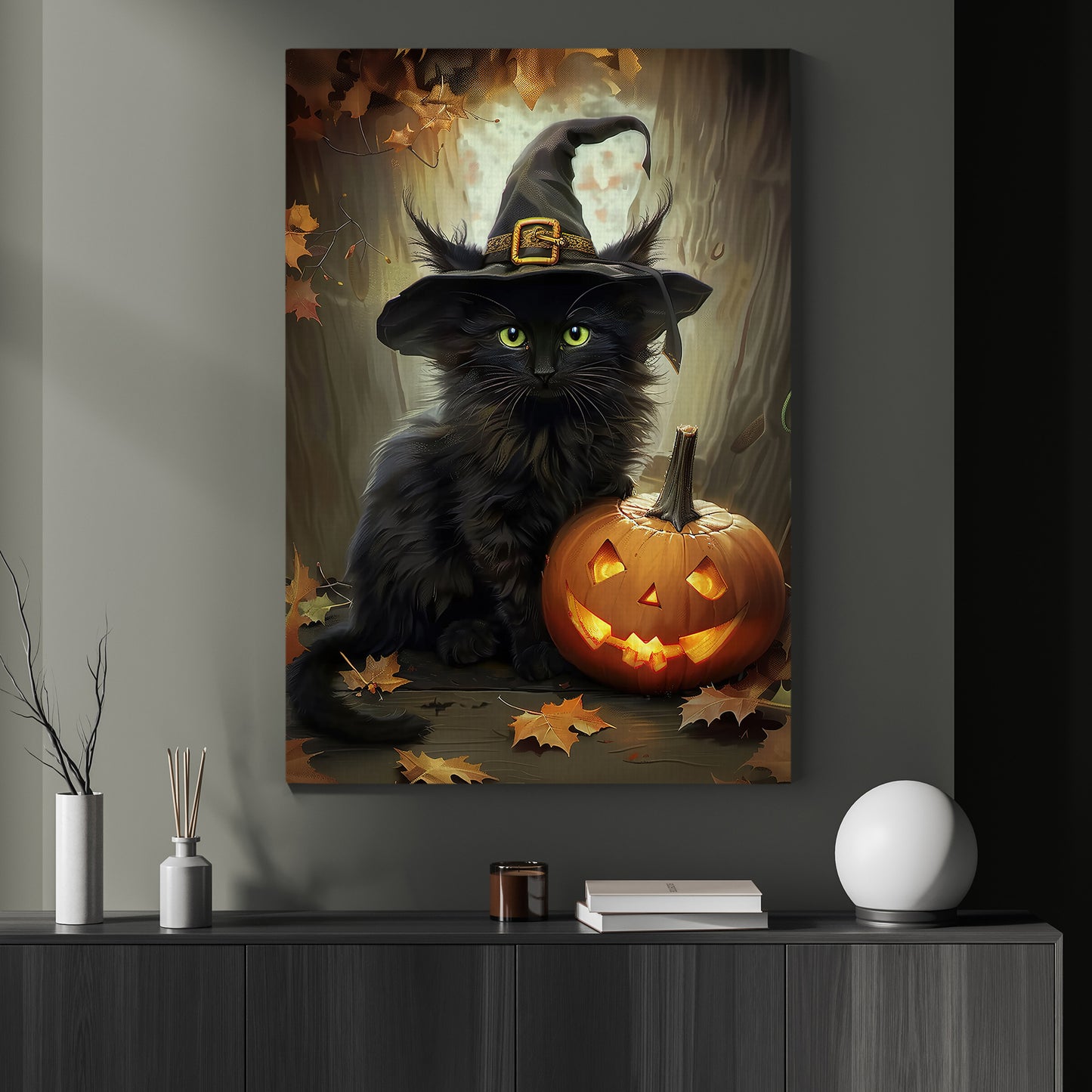 Black Cat Mystique Halloween Canvas Painting, Spooky Season Wall Art Decor, Halloween Poster Gift For Cat Lovers