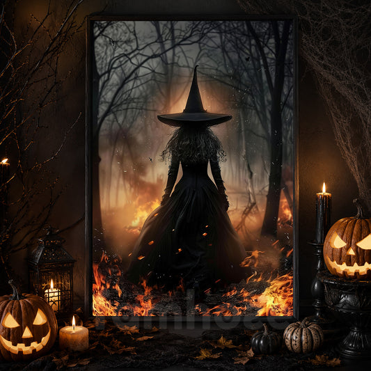 Flames Of The Forgotten Forest, Witches Canvas Painting, Spooky Season Wall Art Decor, Halloween Poster Gift For Witch Lovers