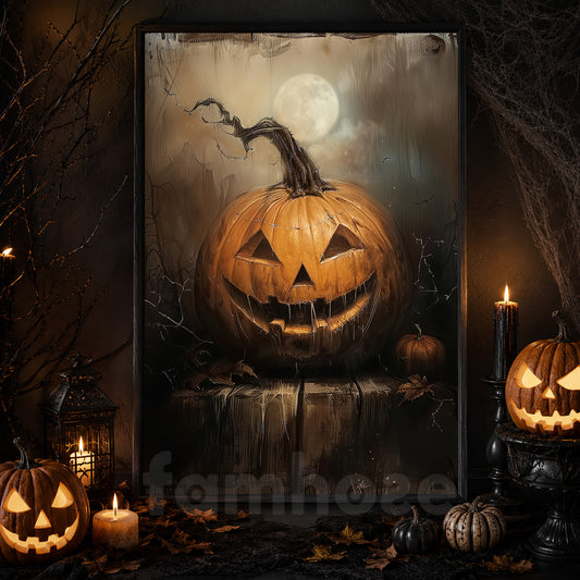 Scary Pumpkin Halloween Canvas Painting, Spooky Season Wall Art Decor, Halloween Poster Gift