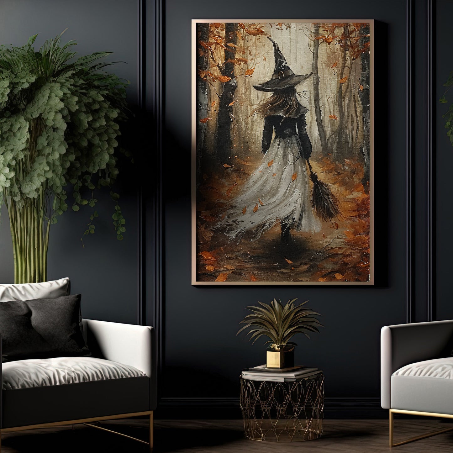 Autumn Whispering Witches, Witches Canvas Painting, Spooky Season Wall Art Decor, Halloween Poster Gift For Witch Lovers