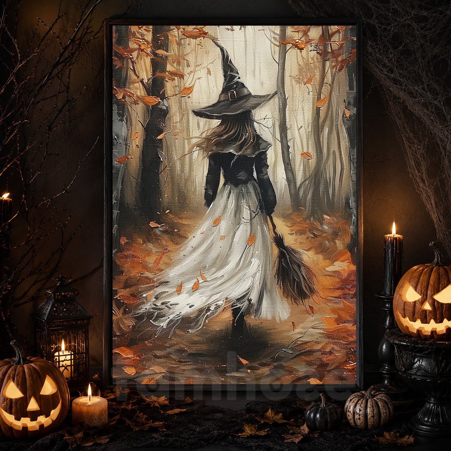 Autumn Whispering Witches, Witches Canvas Painting, Spooky Season Wall Art Decor, Halloween Poster Gift For Witch Lovers