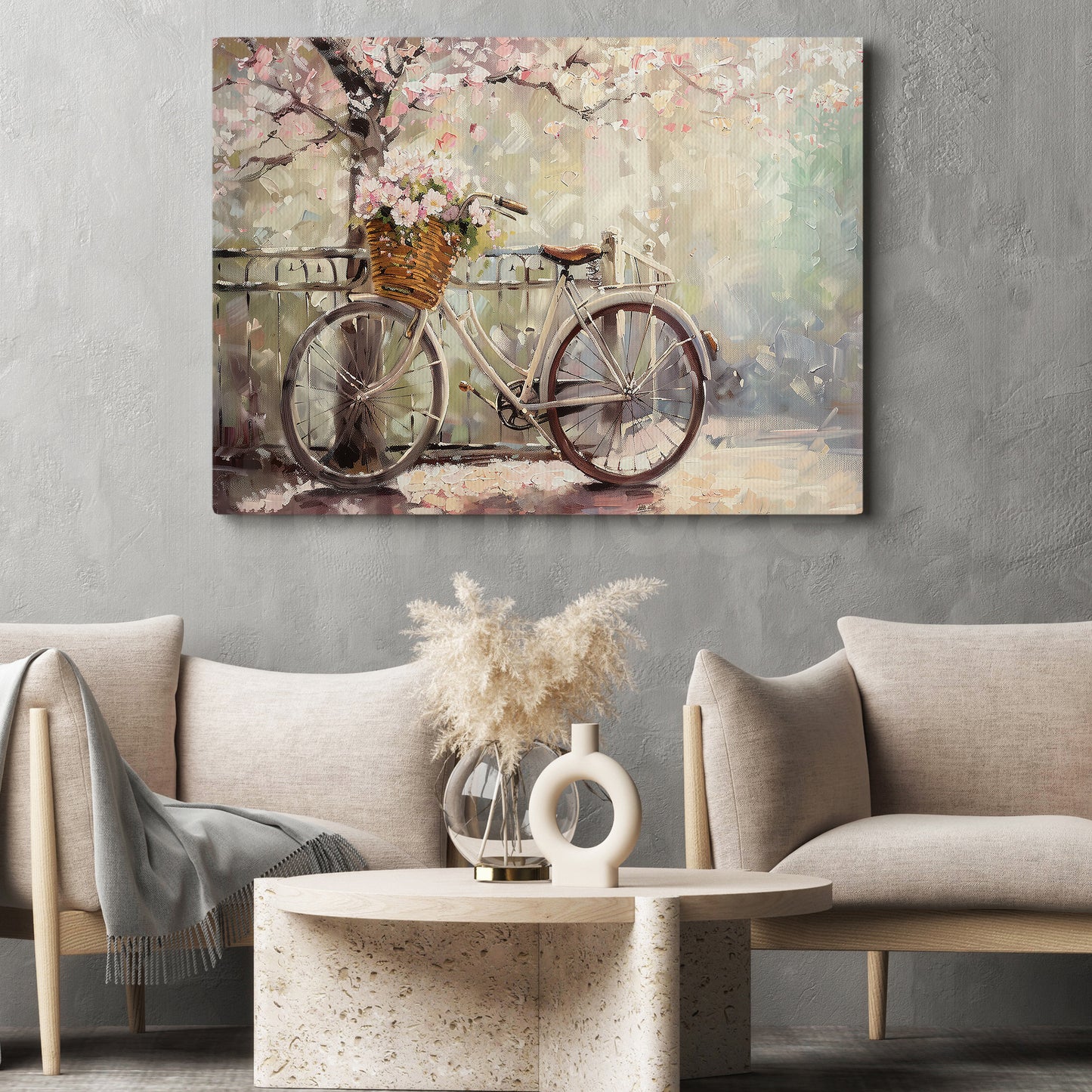 Spring Canvas Painting, Peaceful Spring Bicycle And Blossoms Colorful Wall Art Decor, Poster Gift