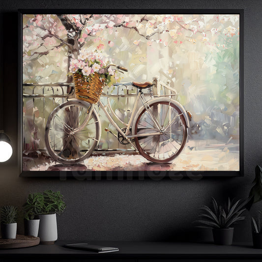 Spring Canvas Painting, Peaceful Spring Bicycle And Blossoms Colorful Wall Art Decor, Poster Gift